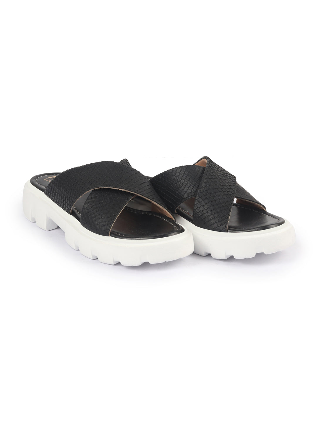 Shop FAUSTO Women Black Open Toe Cross Strap Textured Slip On Platform Heel Sandal With Cushioned Footbed|Height Enhancer Slippers Online.