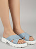 FAUSTO Women Blue Open Toe Cross Strap Textured Slip On Platform Heel Sandal With Cushioned Footbed|Height Enhancer Slippers