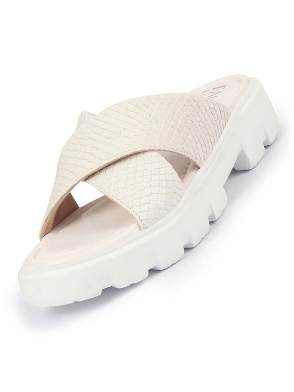 Shop FAUSTO Women Cream Open Toe Cross Strap Textured Slip On Platform Heel Sandal With Cushioned Footbed|Height Enhancer Slippers Online.