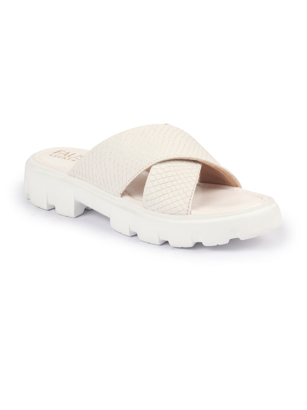 Shop FAUSTO Women Cream Open Toe Cross Strap Textured Slip On Platform Heel Sandal With Cushioned Footbed|Height Enhancer Slippers Online.