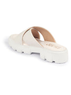 Shop FAUSTO Women Cream Open Toe Cross Strap Textured Slip On Platform Heel Sandal With Cushioned Footbed|Height Enhancer Slippers Online.