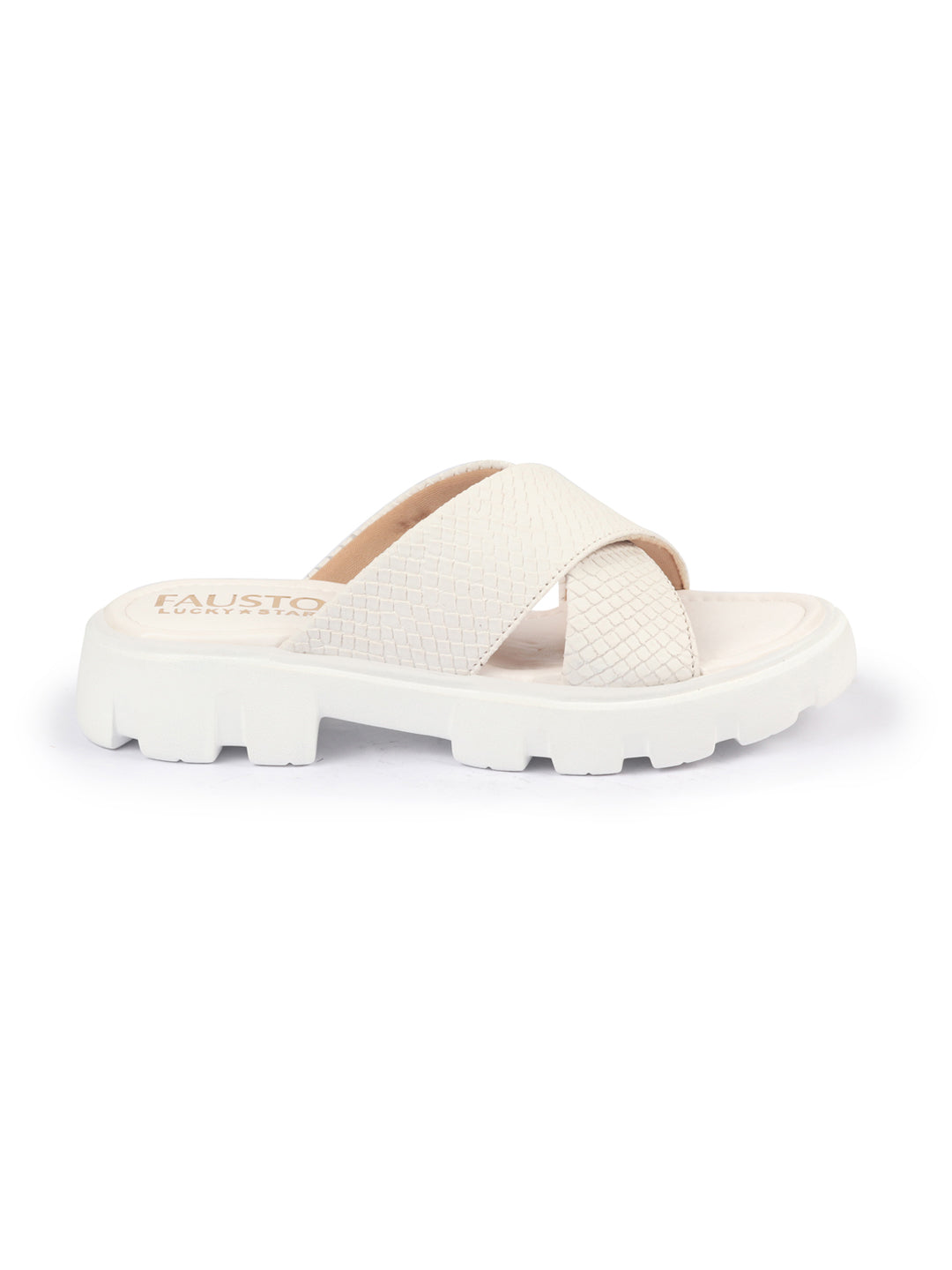 Shop FAUSTO Women Cream Open Toe Cross Strap Textured Slip On Platform Heel Sandal With Cushioned Footbed|Height Enhancer Slippers Online.