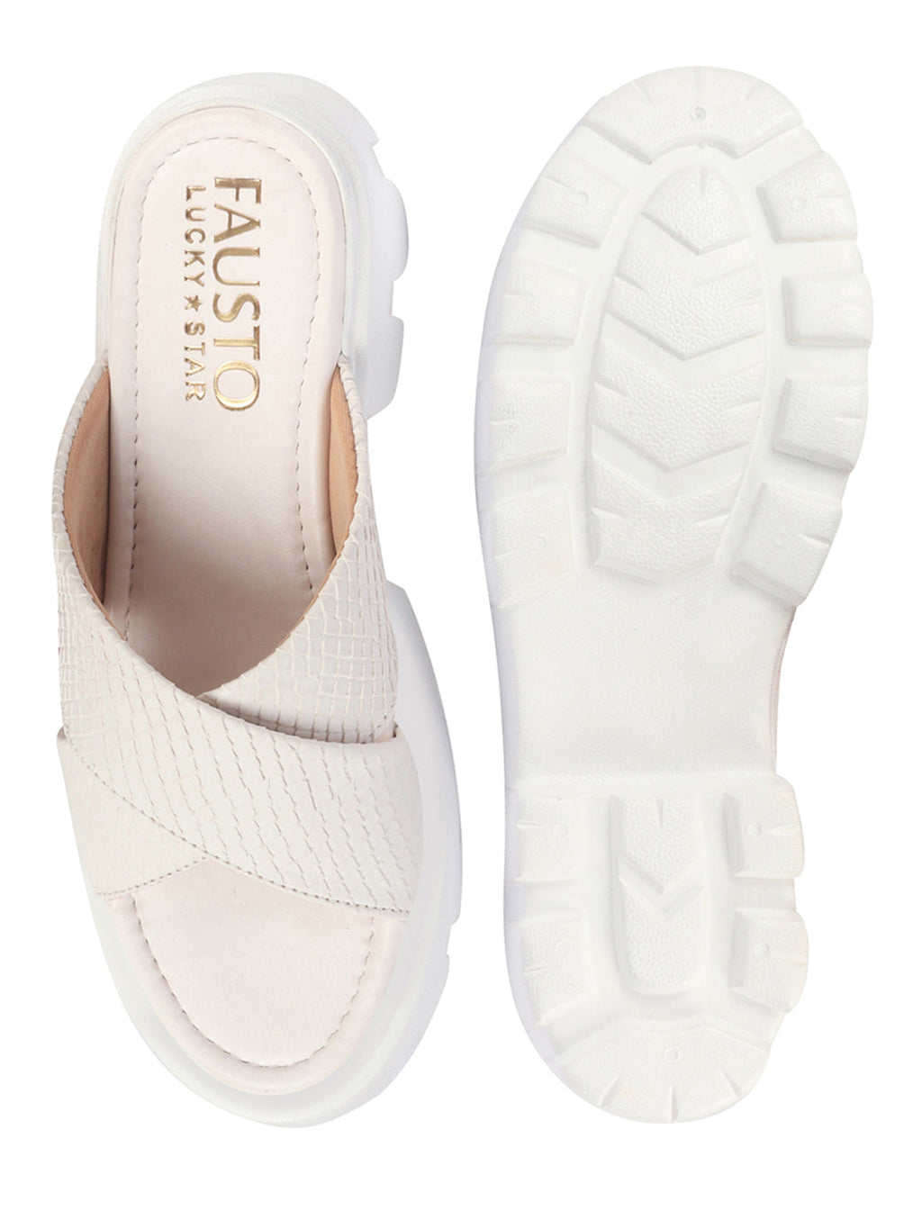 Shop FAUSTO Women Cream Open Toe Cross Strap Textured Slip On Platform Heel Sandal With Cushioned Footbed|Height Enhancer Slippers Online.