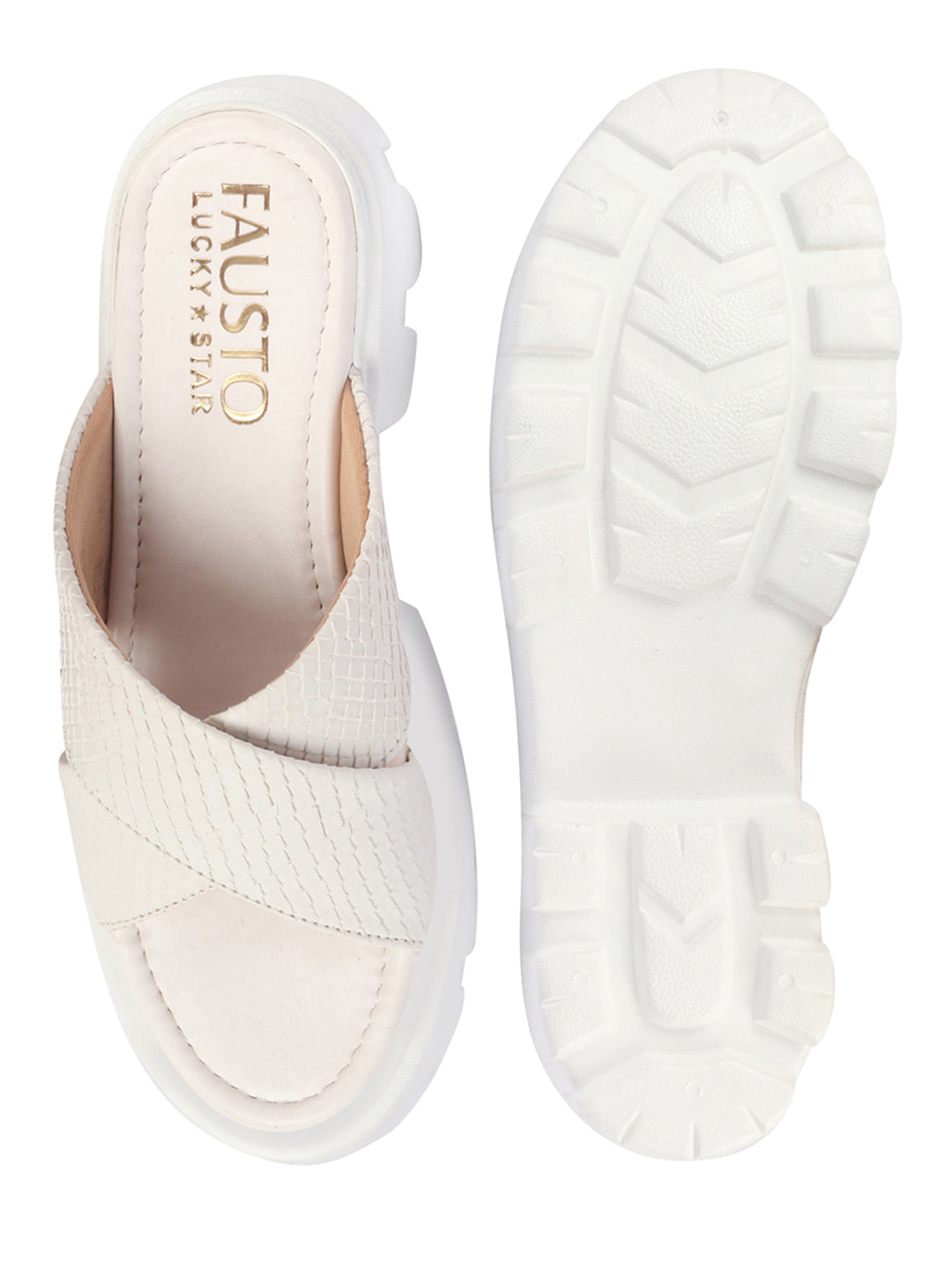 Shop FAUSTO Women Cream Open Toe Cross Strap Textured Slip On Platform Heel Sandal With Cushioned Footbed|Height Enhancer Slippers Online.