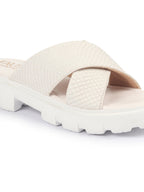 Shop FAUSTO Women Cream Open Toe Cross Strap Textured Slip On Platform Heel Sandal With Cushioned Footbed|Height Enhancer Slippers Online.