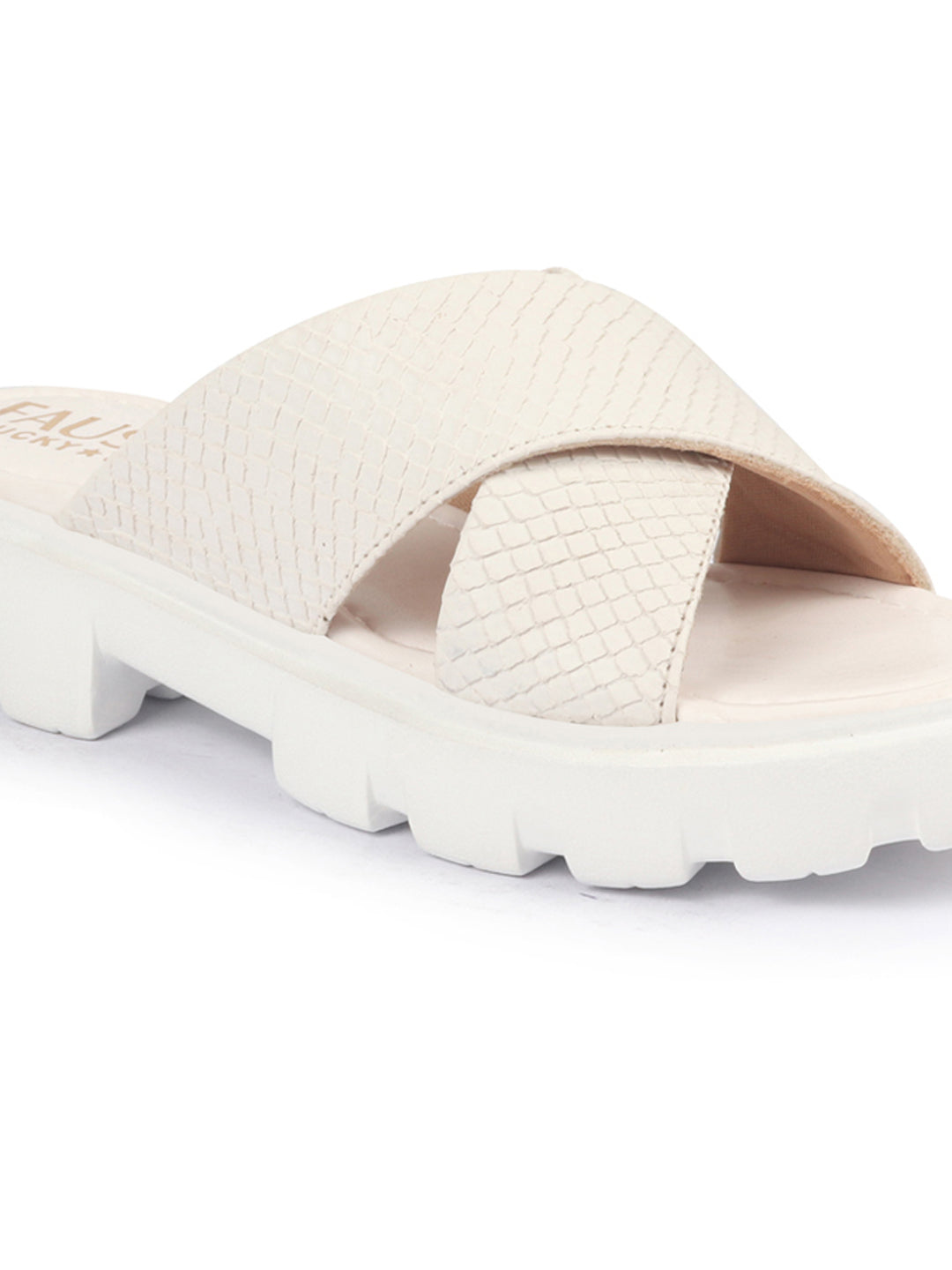 Shop FAUSTO Women Cream Open Toe Cross Strap Textured Slip On Platform Heel Sandal With Cushioned Footbed|Height Enhancer Slippers Online.