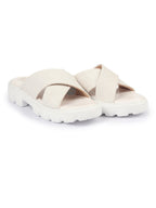 Shop FAUSTO Women Cream Open Toe Cross Strap Textured Slip On Platform Heel Sandal With Cushioned Footbed|Height Enhancer Slippers Online.
