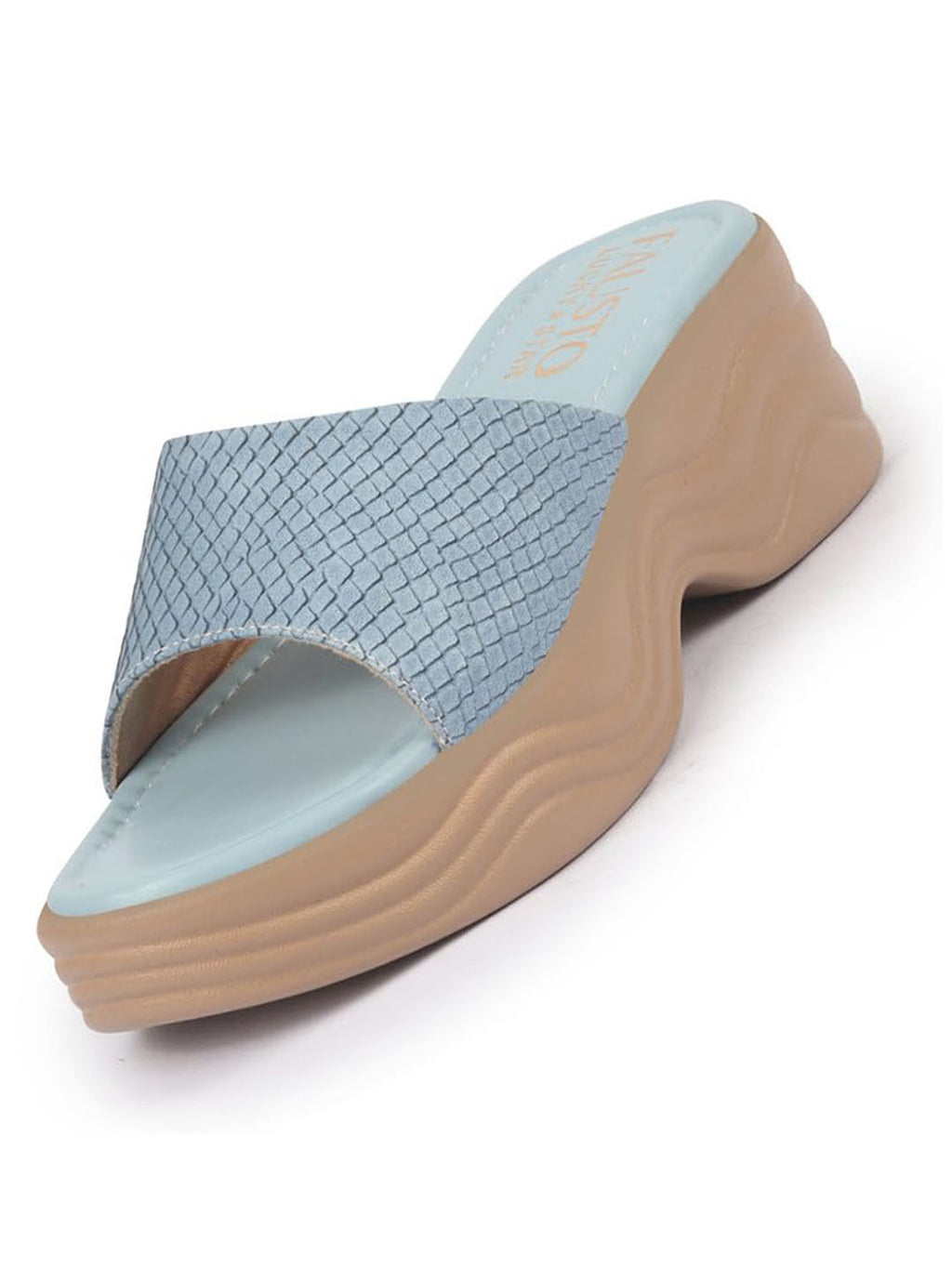 Shop FAUSTO Women Blue Open Toe Textured Strap Wedge Heel Sandal With Cushioned Footbed|Platform Sandal For Party|Festive|Wedding Online.
