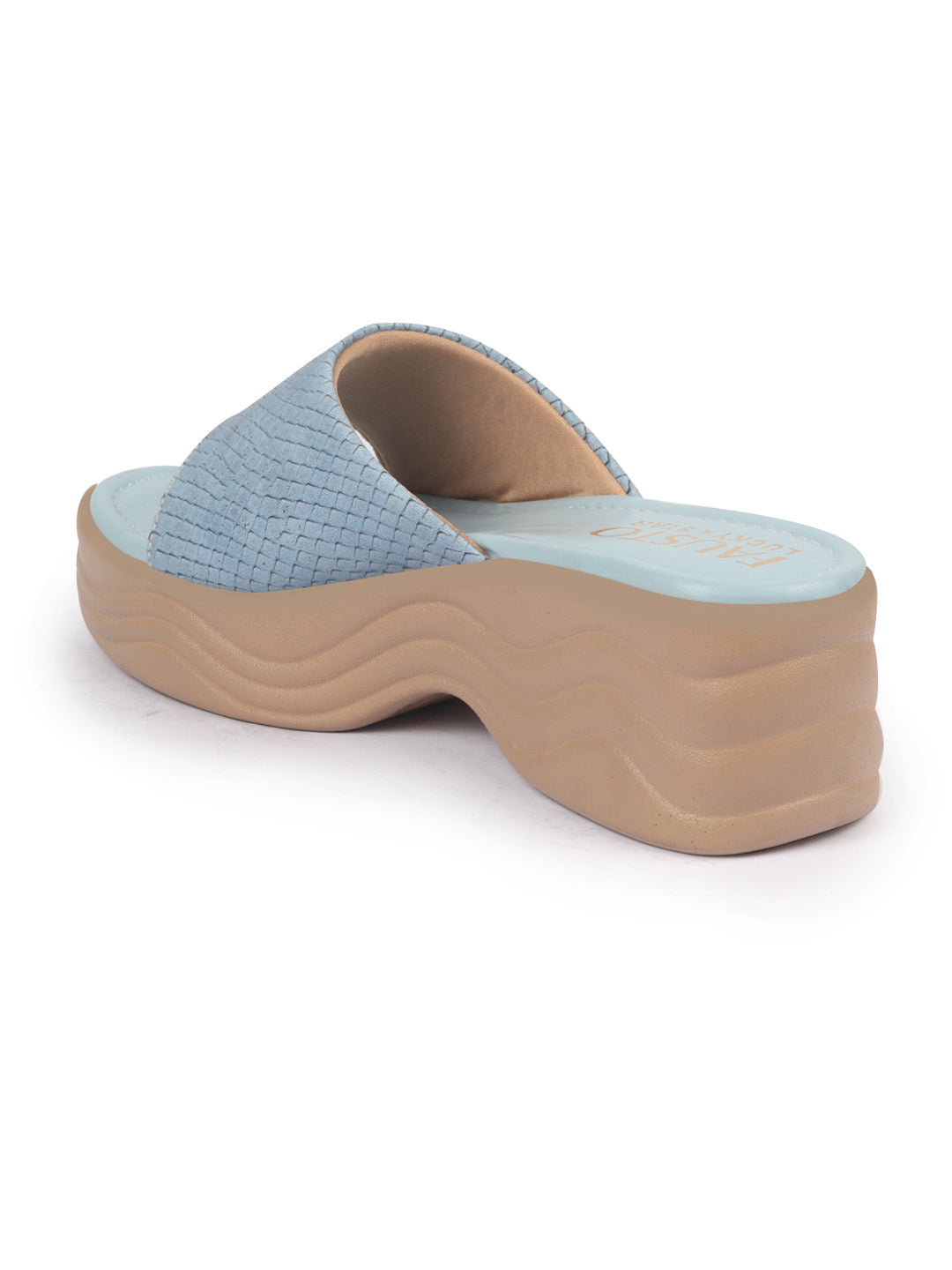 Shop FAUSTO Women Blue Open Toe Textured Strap Wedge Heel Sandal With Cushioned Footbed|Platform Sandal For Party|Festive|Wedding Online.