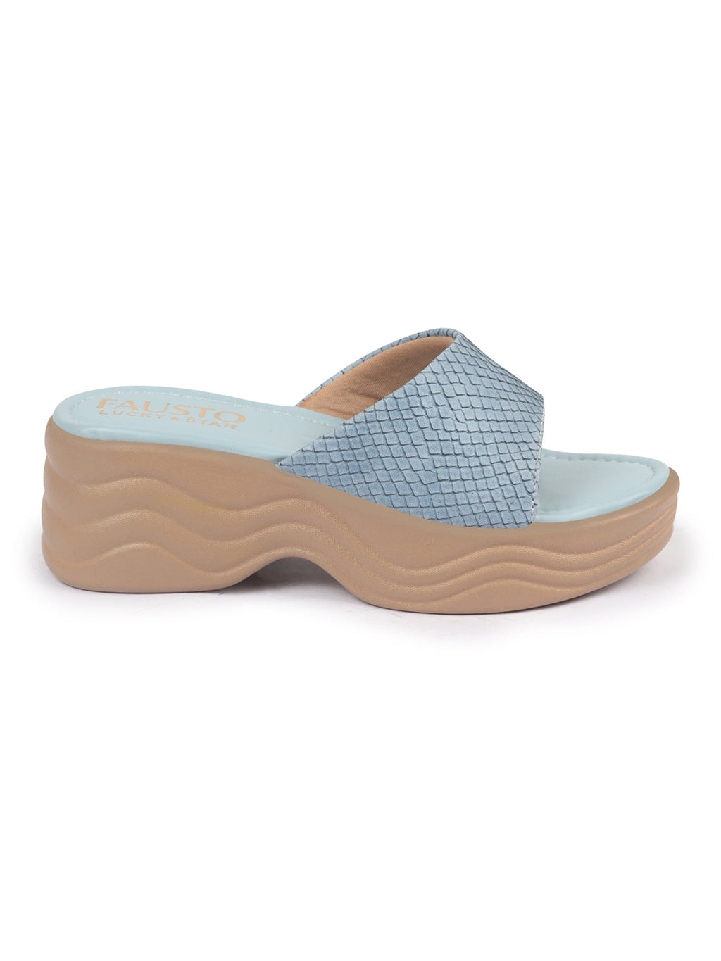 Shop FAUSTO Women Blue Open Toe Textured Strap Wedge Heel Sandal With Cushioned Footbed|Platform Sandal For Party|Festive|Wedding Online.