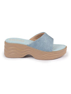 Shop FAUSTO Women Blue Open Toe Textured Strap Wedge Heel Sandal With Cushioned Footbed|Platform Sandal For Party|Festive|Wedding Online.