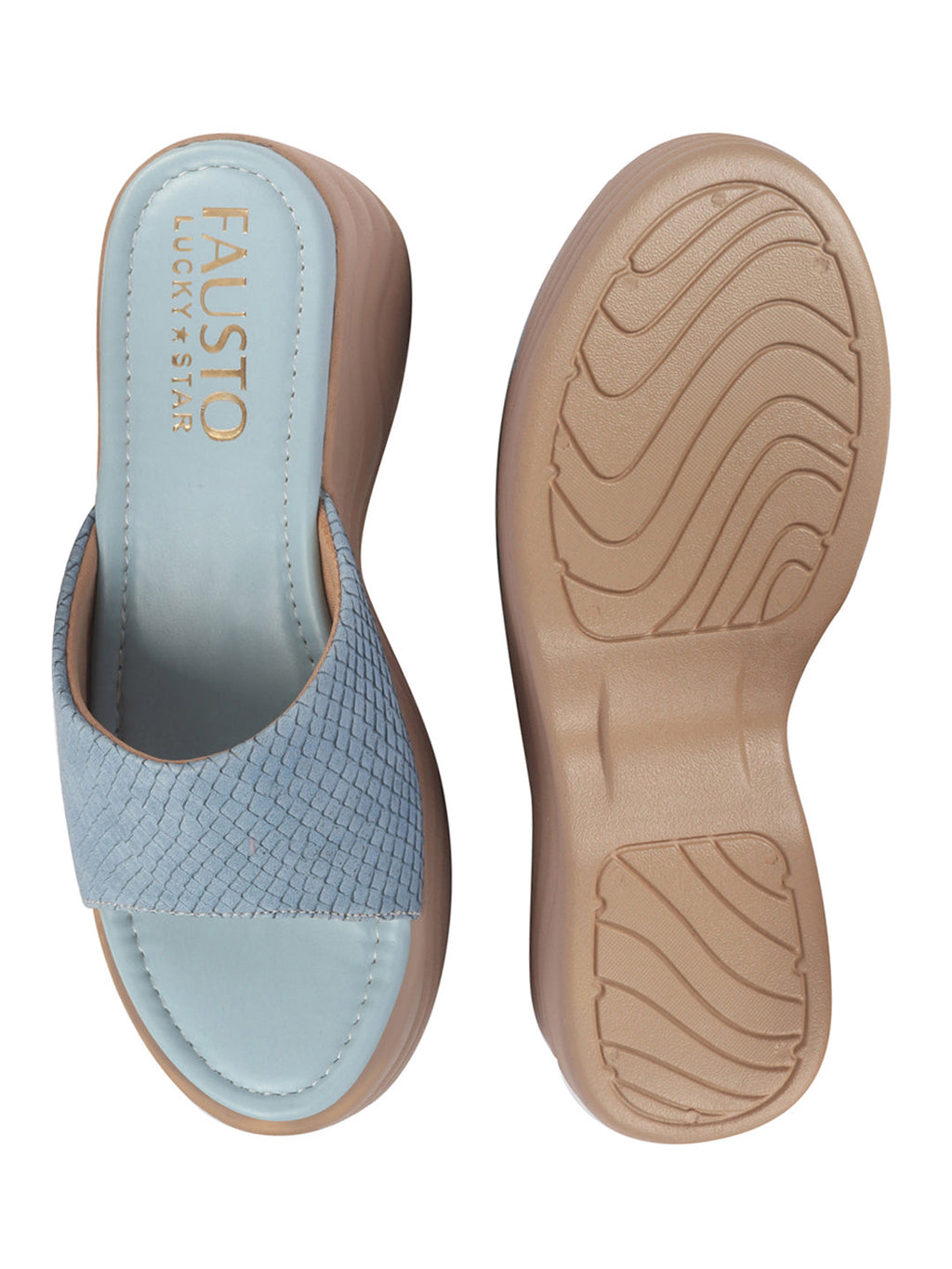 Shop FAUSTO Women Blue Open Toe Textured Strap Wedge Heel Sandal With Cushioned Footbed|Platform Sandal For Party|Festive|Wedding Online.