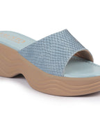 Shop FAUSTO Women Blue Open Toe Textured Strap Wedge Heel Sandal With Cushioned Footbed|Platform Sandal For Party|Festive|Wedding Online.