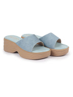 Shop FAUSTO Women Blue Open Toe Textured Strap Wedge Heel Sandal With Cushioned Footbed|Platform Sandal For Party|Festive|Wedding Online.