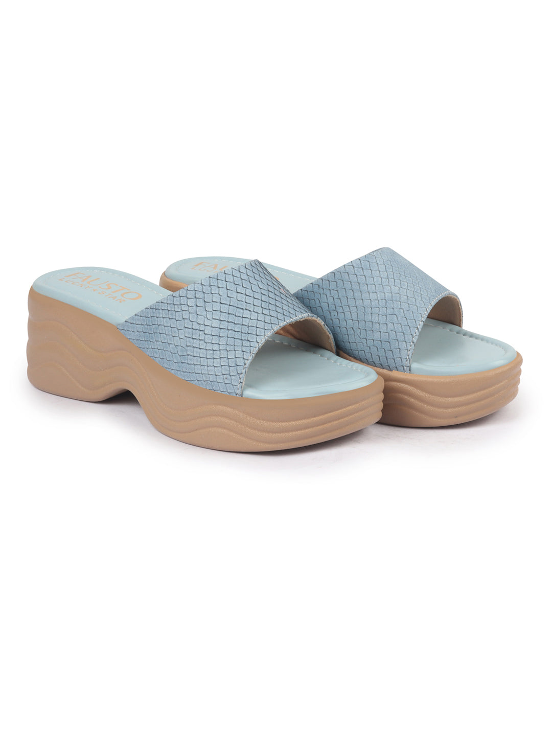 Shop FAUSTO Women Blue Open Toe Textured Strap Wedge Heel Sandal With Cushioned Footbed|Platform Sandal For Party|Festive|Wedding Online.