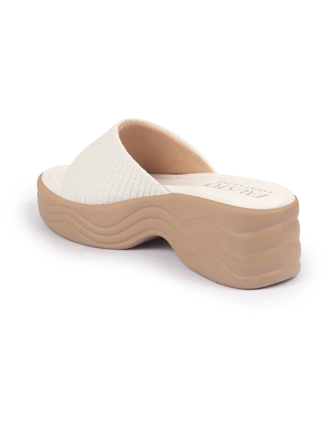 Shop FAUSTO Women Cream Open Toe Textured Strap Wedge Heel Sandal With Cushioned Footbed|Platform Sandal For Party|Festive|Wedding Online.