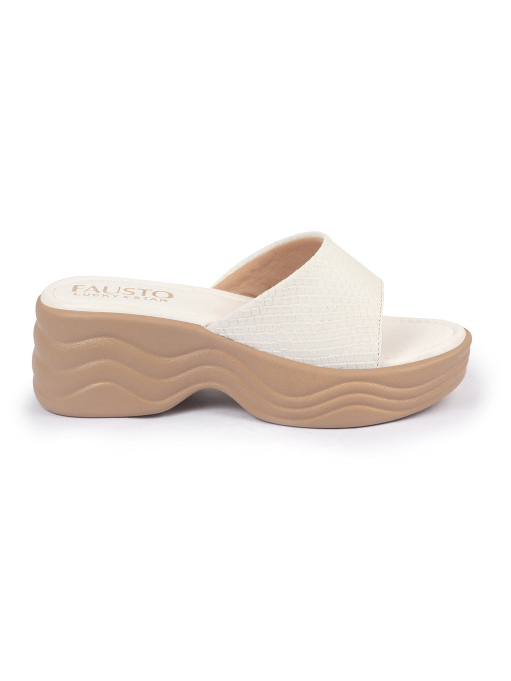 Shop FAUSTO Women Cream Open Toe Textured Strap Wedge Heel Sandal With Cushioned Footbed|Platform Sandal For Party|Festive|Wedding Online.