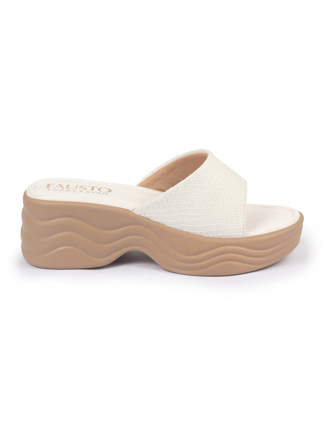 Shop FAUSTO Women Cream Open Toe Textured Strap Wedge Heel Sandal With Cushioned Footbed|Platform Sandal For Party|Festive|Wedding Online.