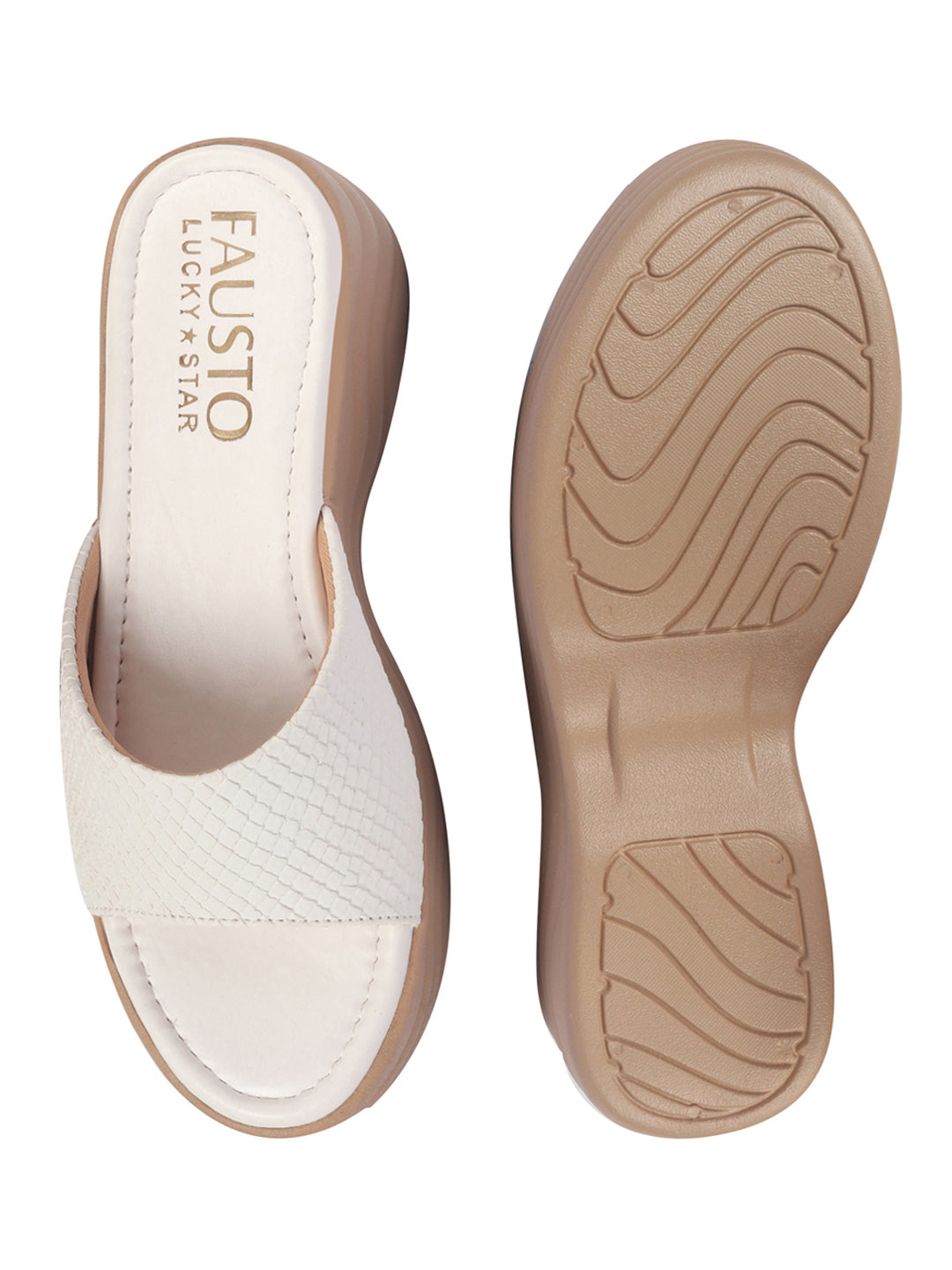 Shop FAUSTO Women Cream Open Toe Textured Strap Wedge Heel Sandal With Cushioned Footbed|Platform Sandal For Party|Festive|Wedding Online.