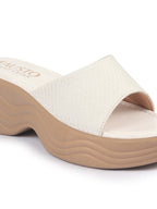 Shop FAUSTO Women Cream Open Toe Textured Strap Wedge Heel Sandal With Cushioned Footbed|Platform Sandal For Party|Festive|Wedding Online.