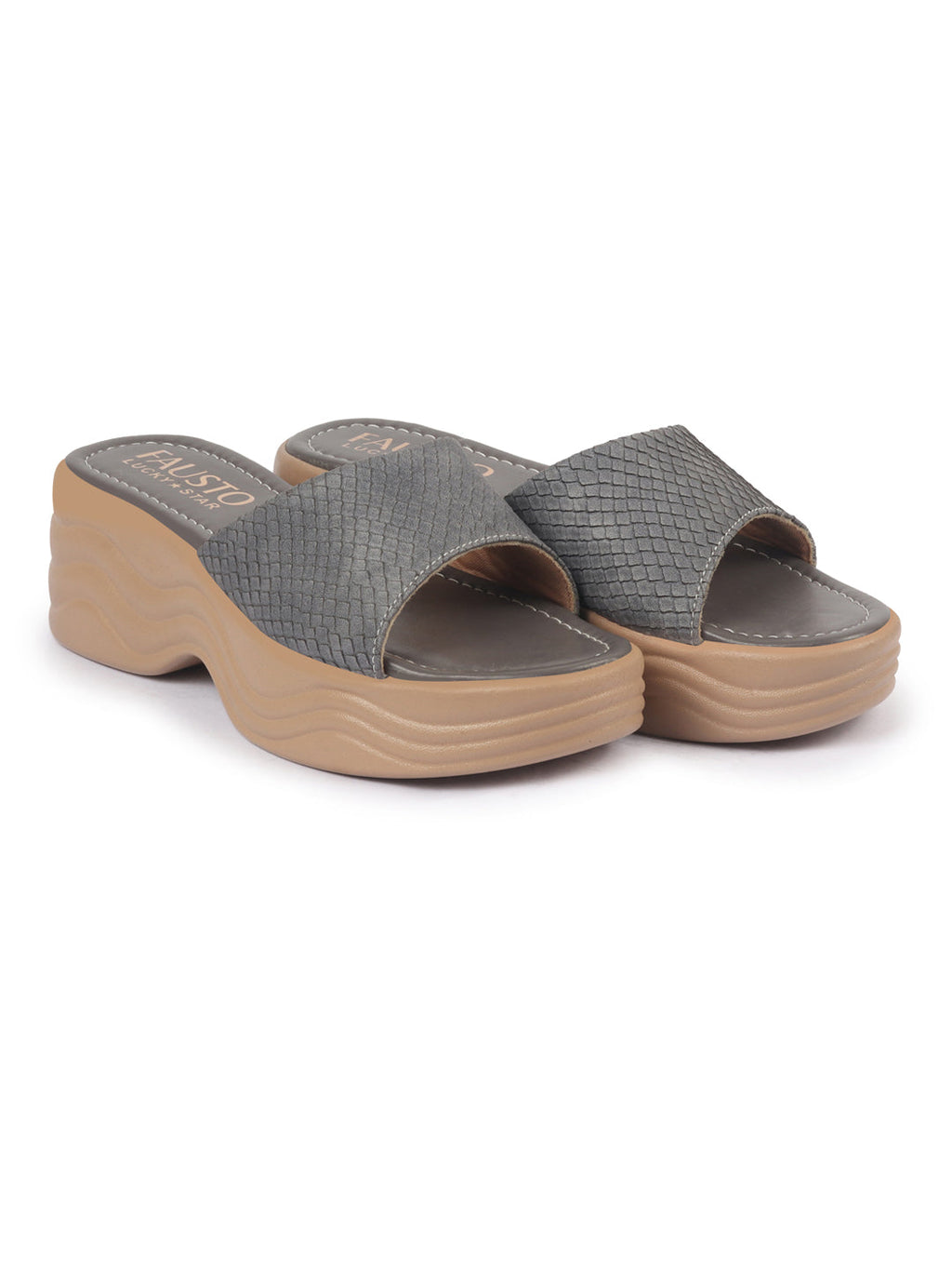 Shop FAUSTO Women Grey Open Toe Textured Strap Wedge Heel Sandal With Cushioned Footbed|Platform Sandal For Party|Festive|Wedding Online.