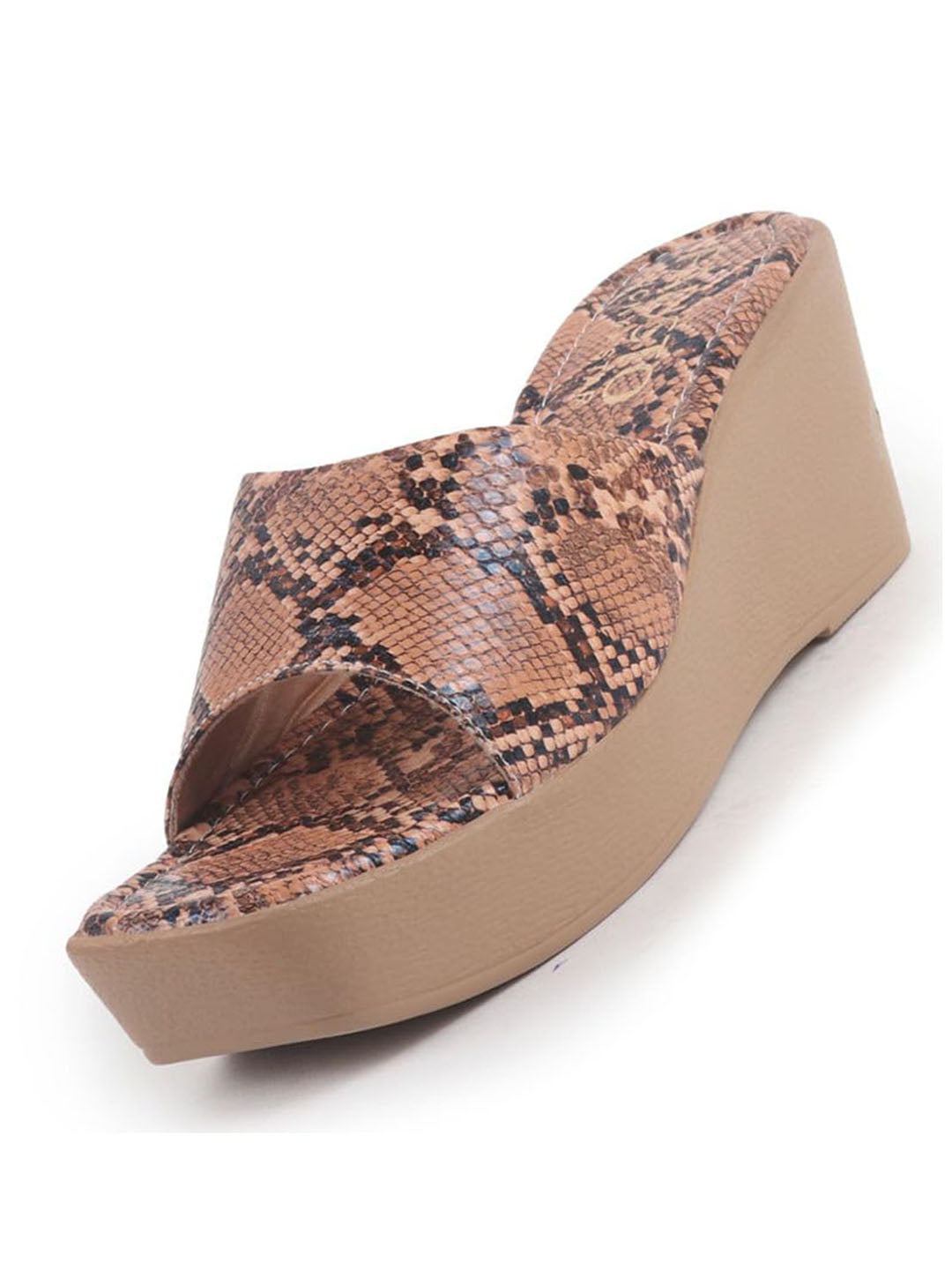 Women Orange Textured Print Platform Slip On Sandal With Cushioned Footbed|Height Enhancer Sandal For Broad Feet|Festive|Wedding