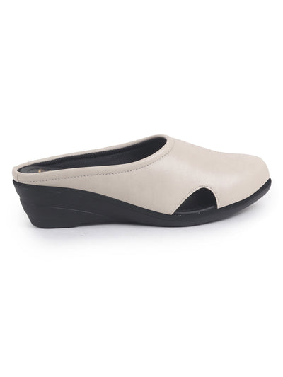 Women Cream Back Open Flatform Formal Slip On Mules Clogs Outings|All Day Comfort|Office Shoes