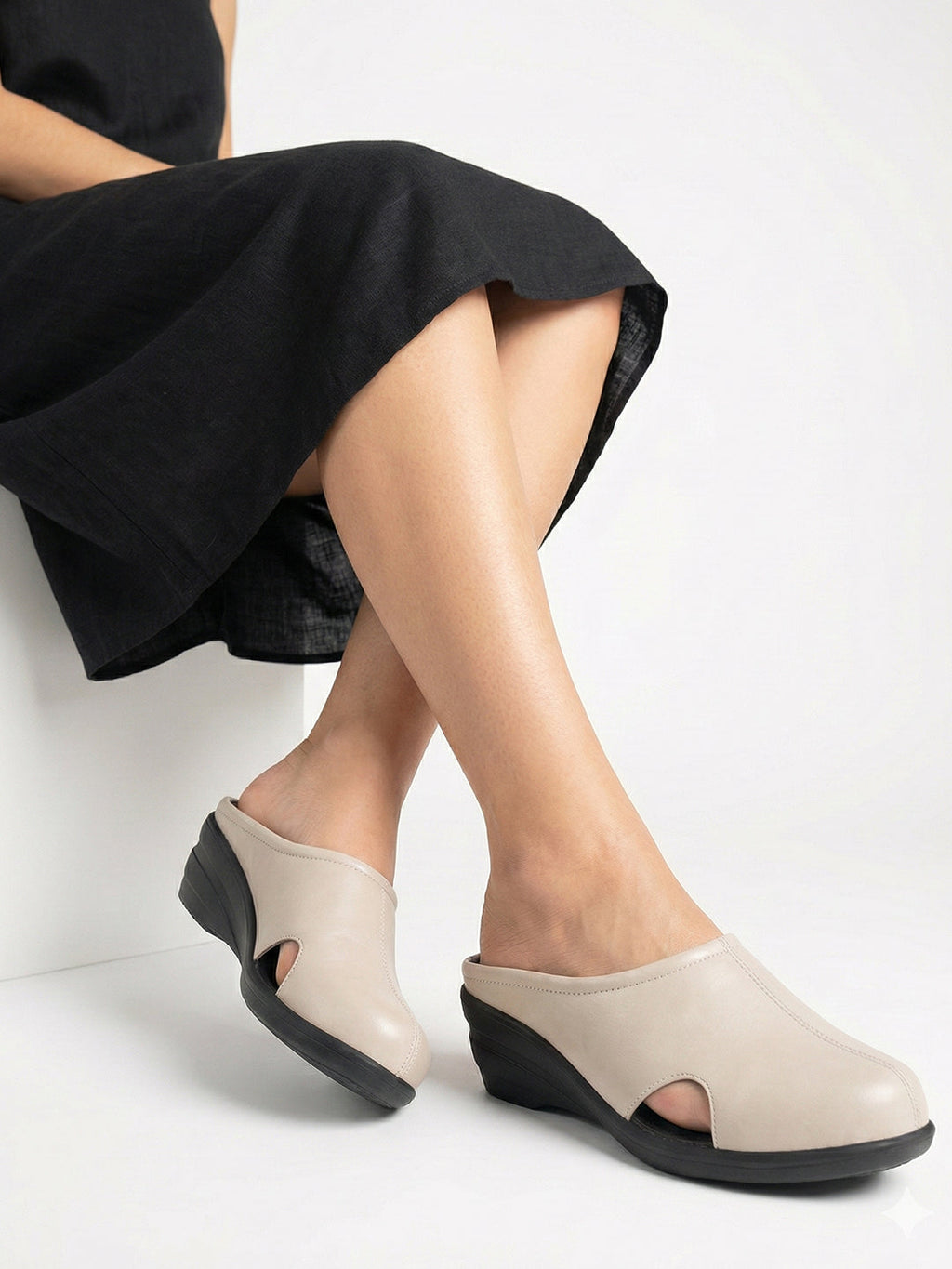 Women Cream Back Open Flatform Formal Slip On Mules Clogs Outings|All Day Comfort|Office Shoes