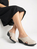Women Cream Back Open Flatform Formal Slip On Mules Clogs Outings|All Day Comfort|Office Shoes