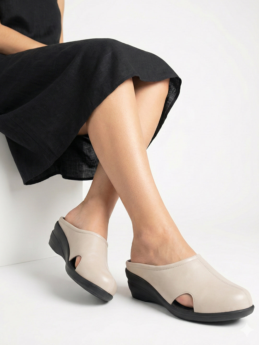Women Cream Back Open Flatform Formal Slip On Mules Clogs Outings|All Day Comfort|Office Shoes