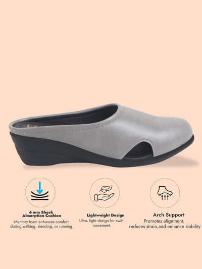 Women Grey Back Open Flatform Formal Slip On Mules Clogs Outings|All Day Comfort|Office Shoes