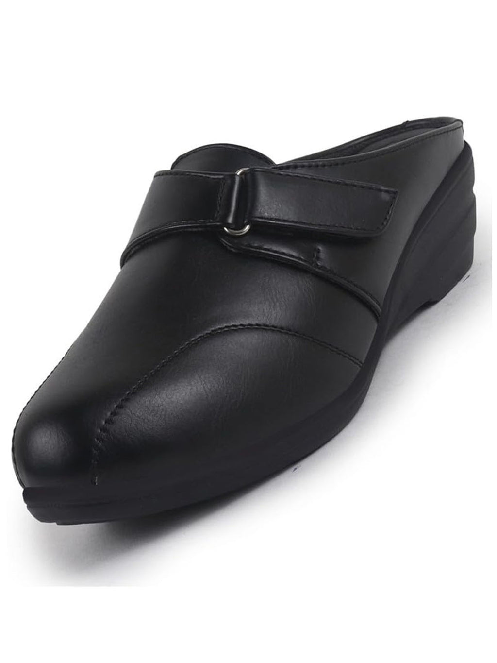 women black back open formal slip on flatform heel wedges with hook and loop|adjustable strap shoes|office meetings