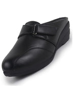 women black back open formal slip on flatform heel wedges with hook and loop|adjustable strap shoes|office meetings