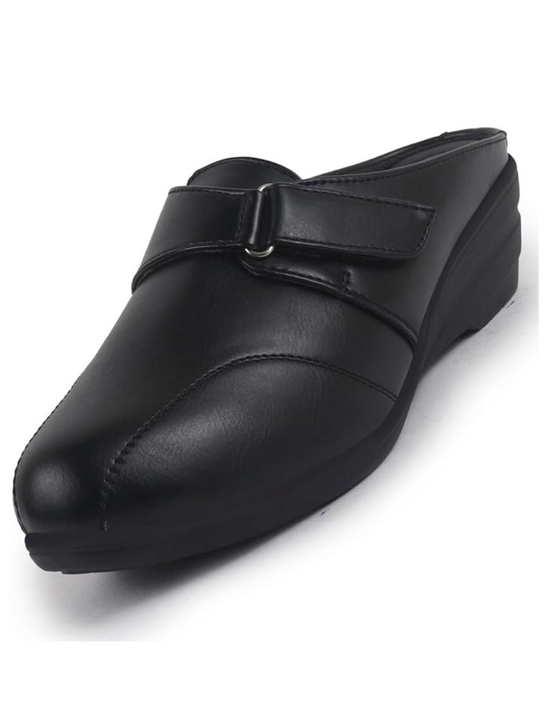 women black back open formal slip on flatform heel wedges with hook and loop|adjustable strap shoes|office meetings