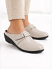 Women Cream Back Open Formal Slip On Flatform Heel Wedges with Hook and Loop|Adjustable Strap Shoes|Office Meetings