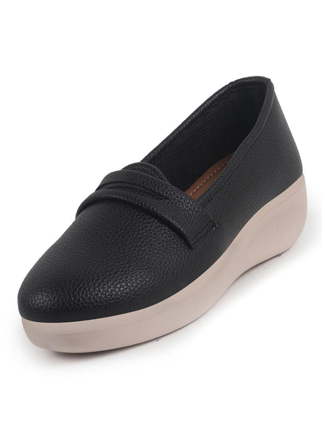 Women Black Textured Slip On Casual Shoes Flatform Heel Height Enhancer|All Day Comfort|Daily Wear Shoes