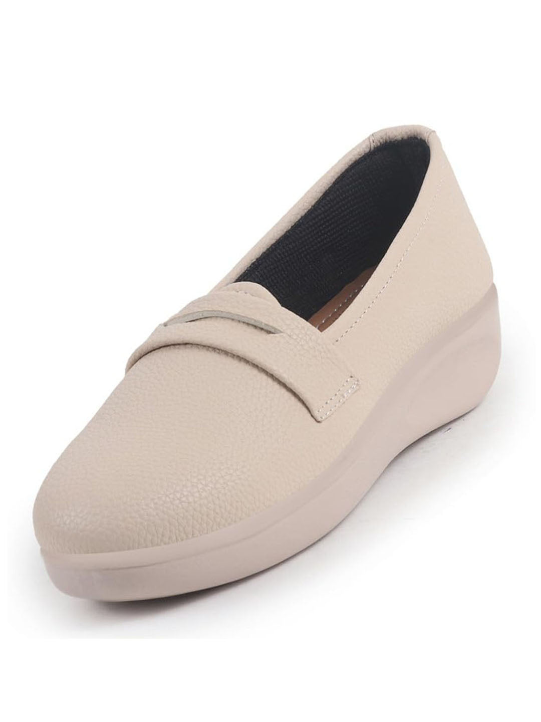 Women Cream Textured Slip On Casual Shoes Flatform Heel Height Enhancer|All Day Comfort|Daily Wear Shoes
