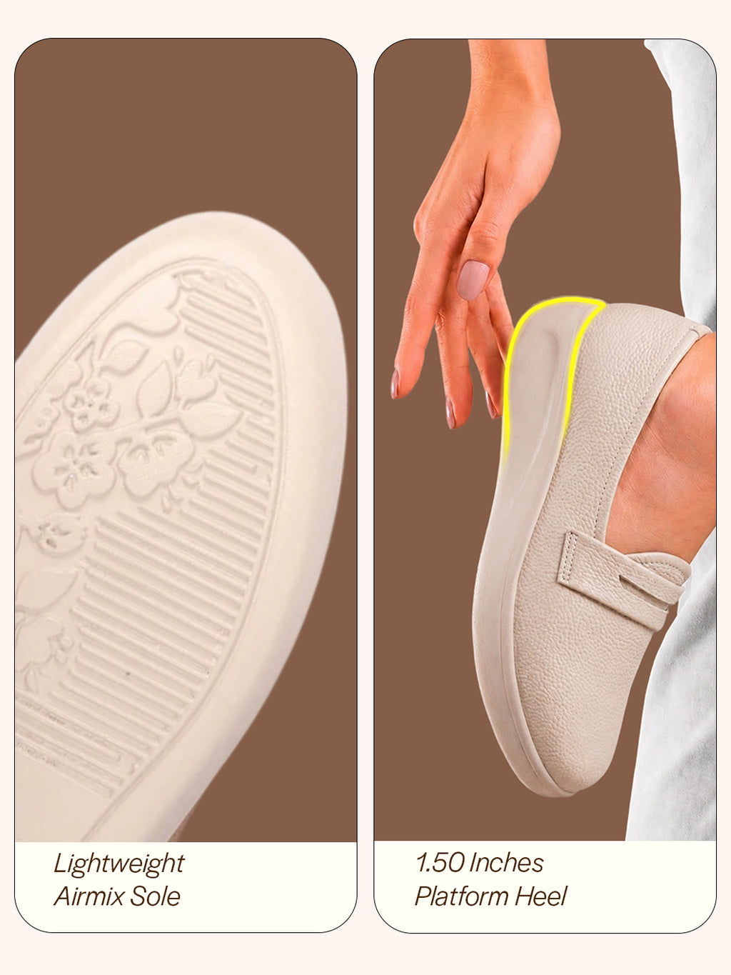 women cream textured slip on casual shoes flatform heel height enhancer|all day comfort|daily wear shoes