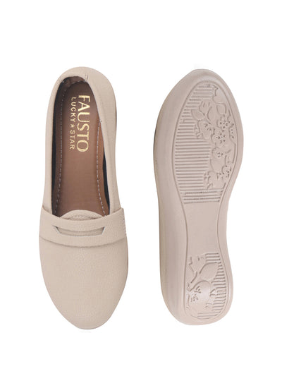 Women Cream Textured Slip On Casual Shoes Flatform Heel Height Enhancer|All Day Comfort|Daily Wear Shoes