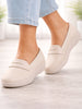 Women Cream Textured Slip On Casual Shoes Flatform Heel Height Enhancer|All Day Comfort|Daily Wear Shoes