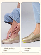 women golden textured slip on casual shoes flatform heel height enhancer|all day comfort|daily wear shoes