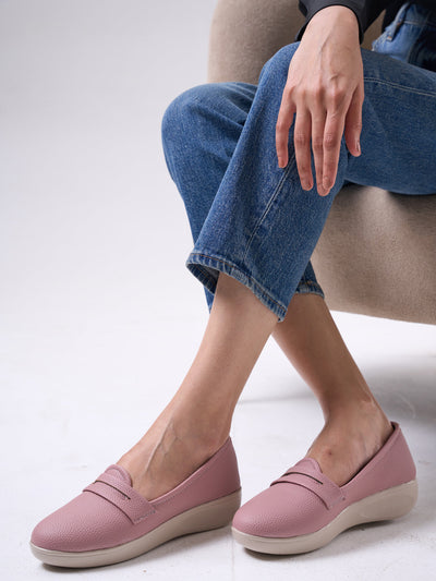 Women Peach Textured Slip On Casual Shoes Flatform Heel Height Enhancer|All Day Comfort|Daily Wear Shoes