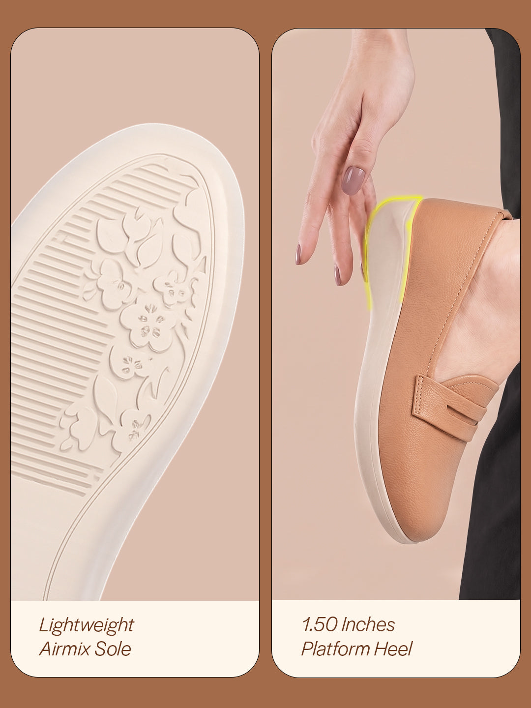 women tan textured slip on casual shoes flatform heel height enhancer|all day comfort|daily wear shoes