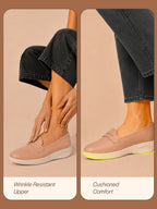 women tan textured slip on casual shoes flatform heel height enhancer|all day comfort|daily wear shoes