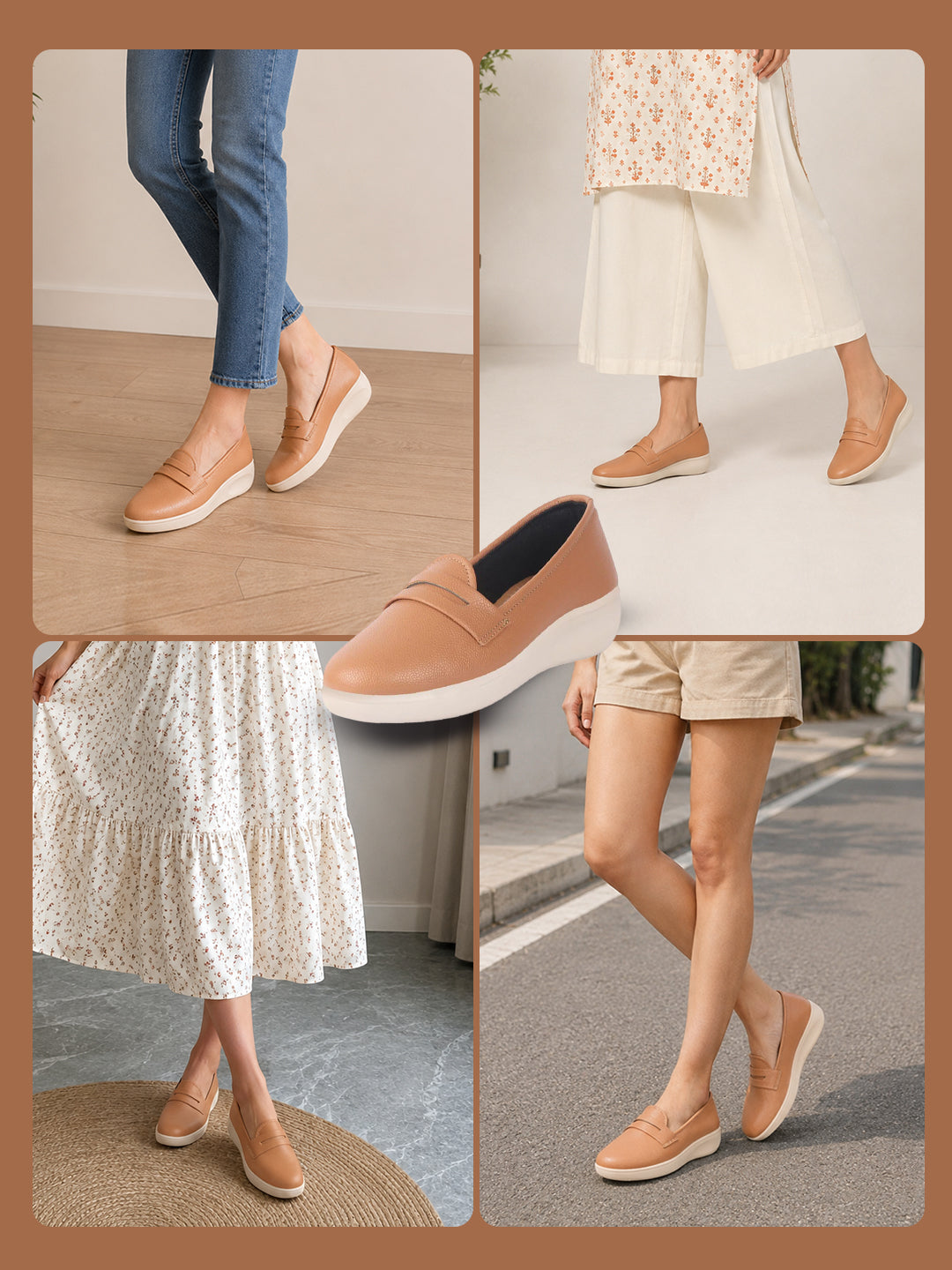 women tan textured slip on casual shoes flatform heel height enhancer|all day comfort|daily wear shoes