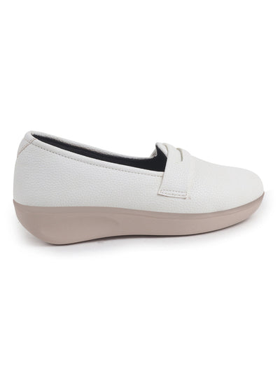 Women White Textured Slip On Casual Shoes Flatform Heel Height Enhancer|All Day Comfort|Daily Wear Shoes