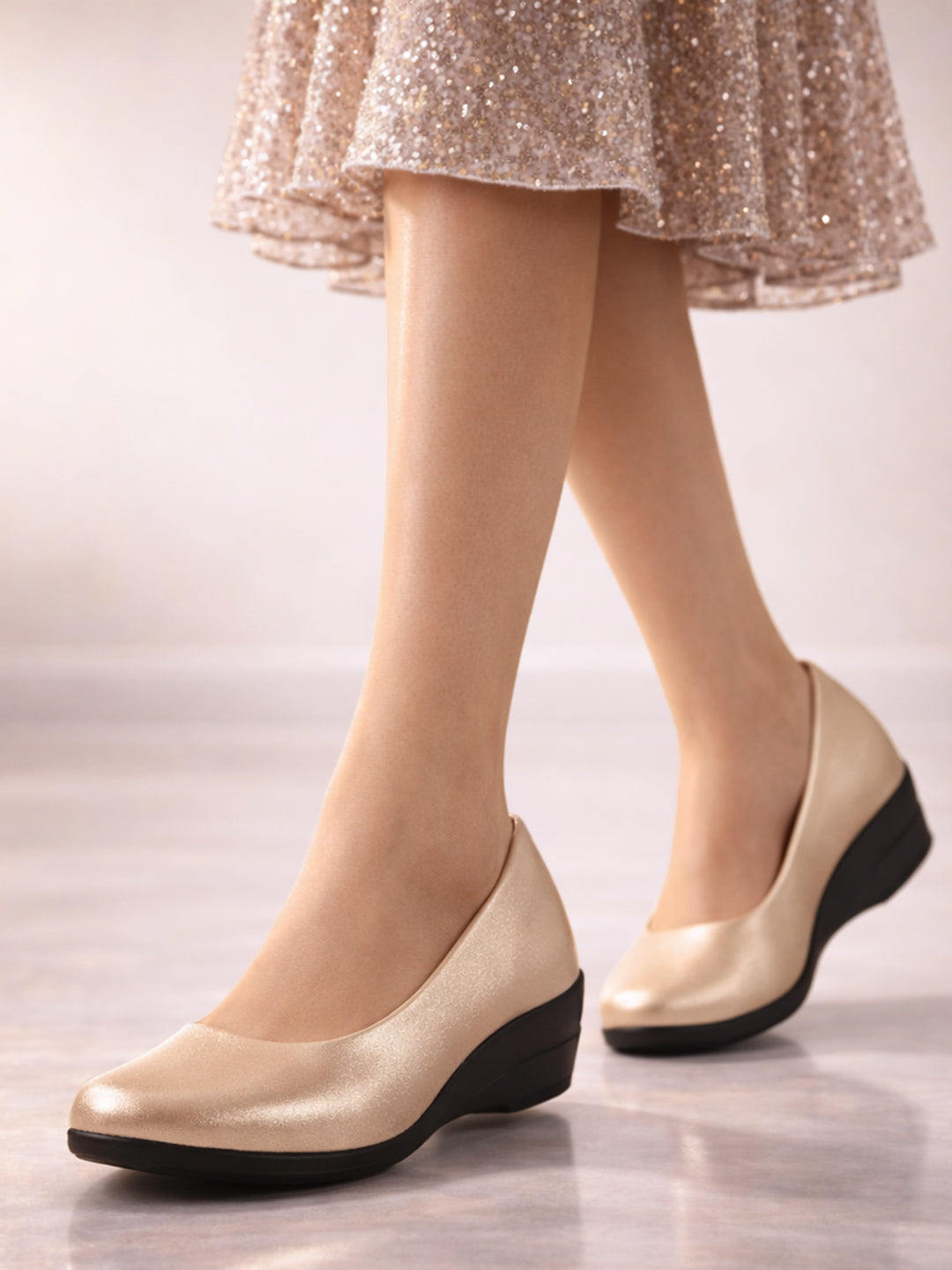 Women Golden Shiny Platform Wedge Heel Bellies for Party|Evening Sandals|Formal Dress Ballerina|Anti Skid Sole