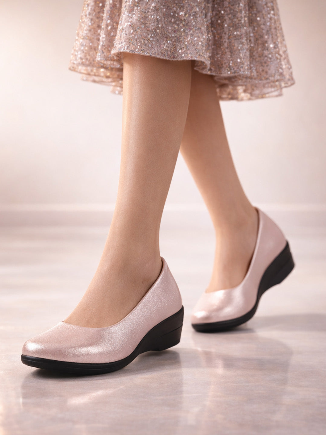 Women Pink Shiny Platform Wedge Heel Bellies for Party|Evening Sandals|Formal Dress Ballerina|Anti Skid Sole