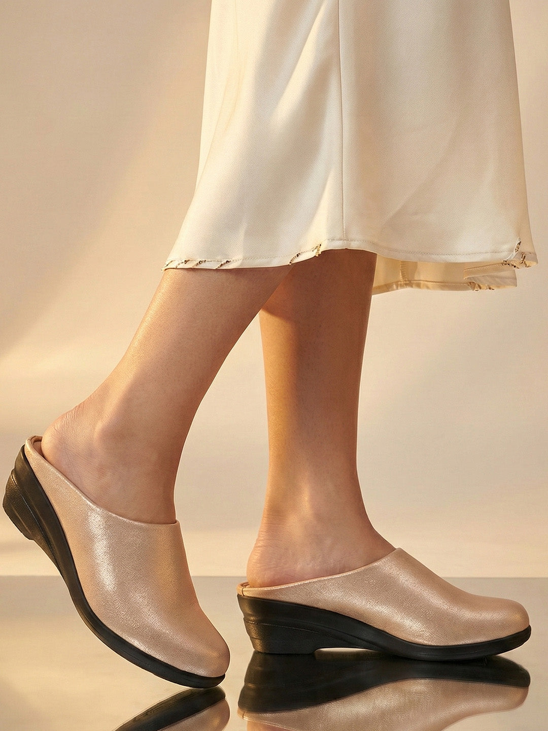 Women Rose Gold Shimmery Platform Wedge Heel Back Open Slip On Shoes for Party|Formal Dress Ballerina|Lightweight All Day Formal Shoes