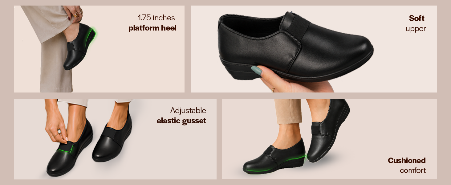Women Black Elastic Strap Slip On Wedge Formal Shoes All Day Comfort Office Dress Shoes Â Lightweight And Cushioned